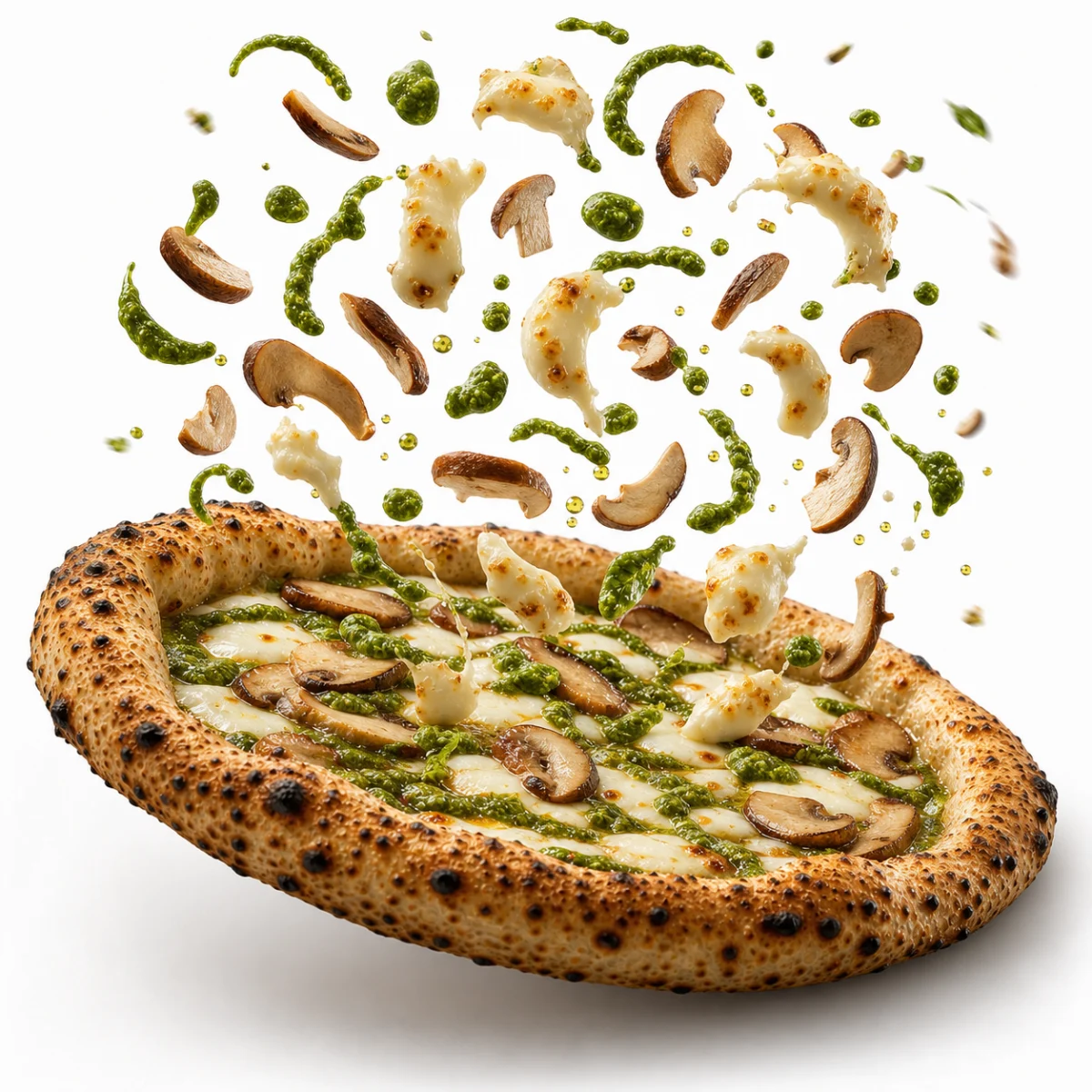 O’ Sarracino signature pizza with mushrooms, melted cheese and green sauce