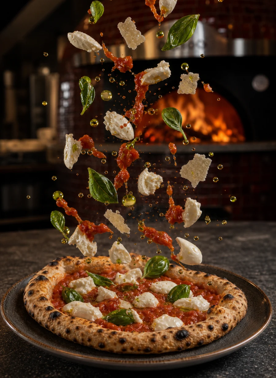 Scarpariello pizza surrounded by flying tomato, mozzarella and basil ingredients