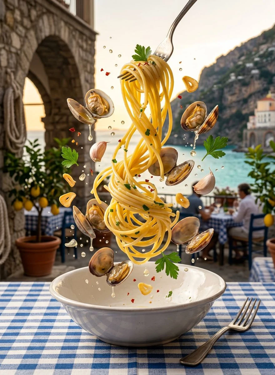 Spaghettone alle vongole with its real ingredients suspended above the plate