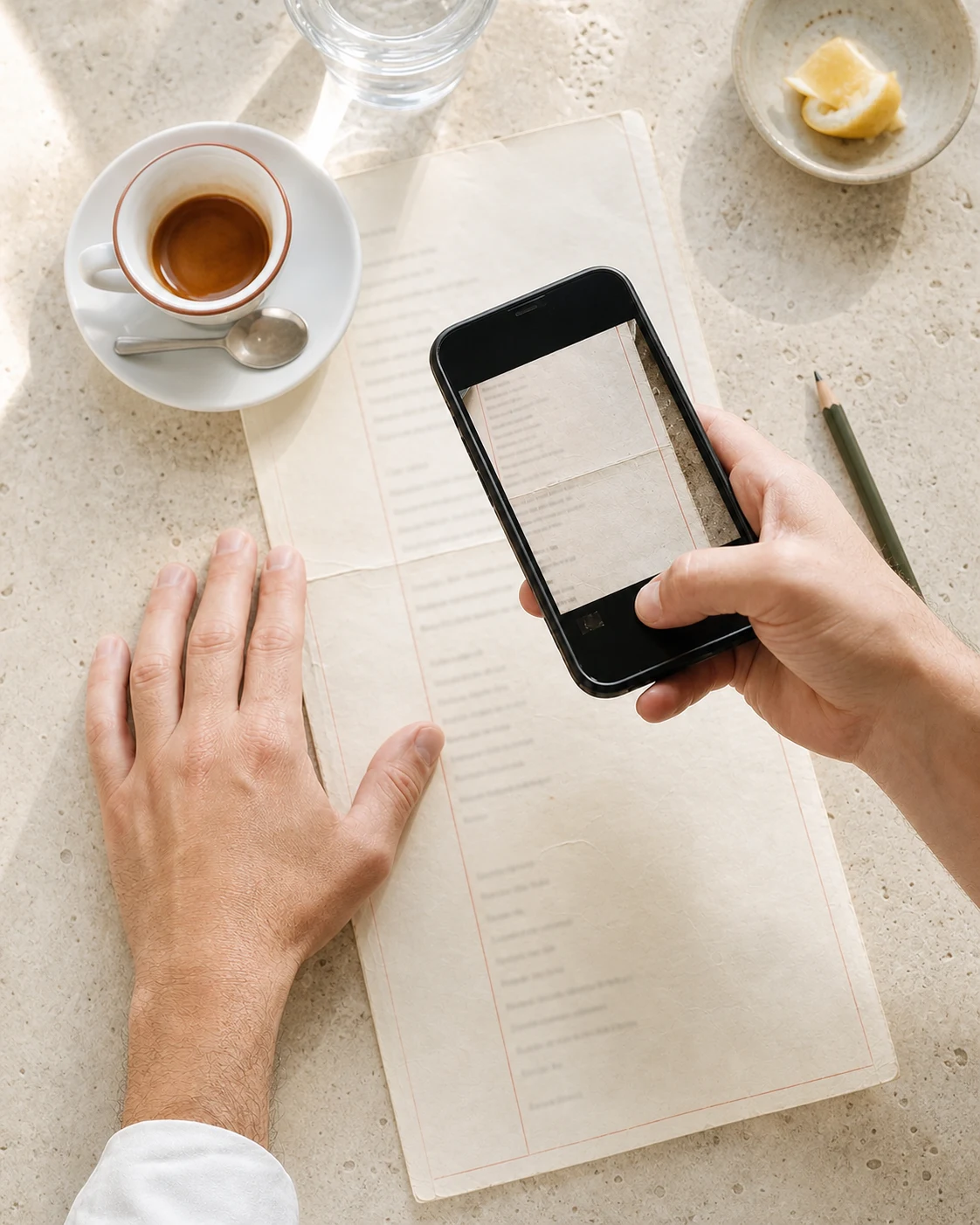 A restaurant menu being photographed with a phone in daylight