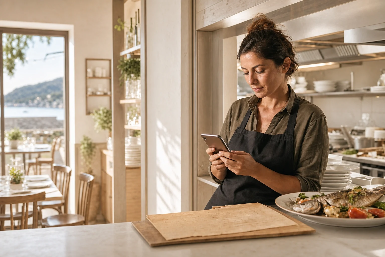 Restaurant owner updating her menu in a bright daytime kitchen